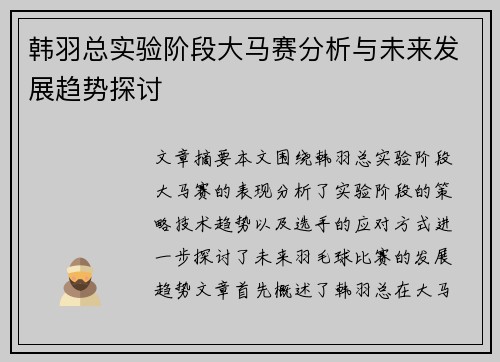 韩羽总实验阶段大马赛分析与未来发展趋势探讨